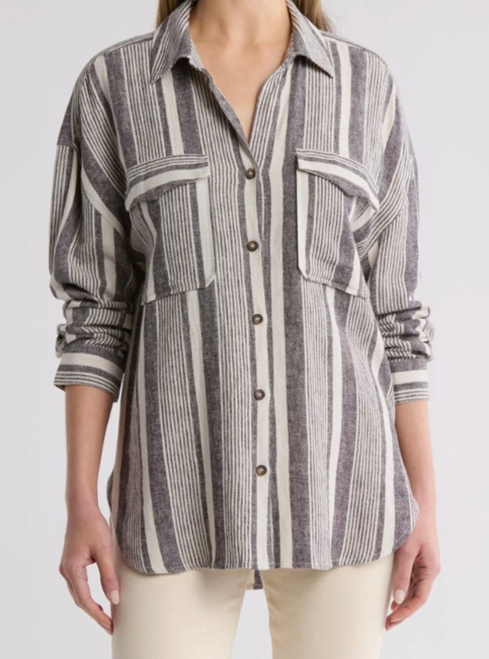Sanctuary Linen Blend Pocket Striped Long Sleeve Button Down Shirt Blue White XS